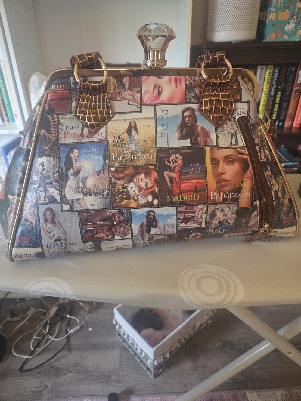 Collage-Print Dome Shoulder Bag with Gold Accents